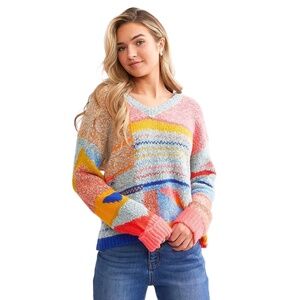 Willow And Root Women's Electric Grandma Neon Aztec  V-Neck Sweater Size Small‎